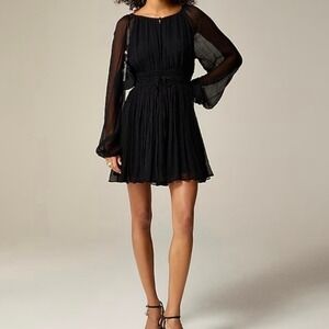 J.Crew Elena Long Sleeve Mini Dress Crinkle Chiffon Cupro Date LBD CF792 Black